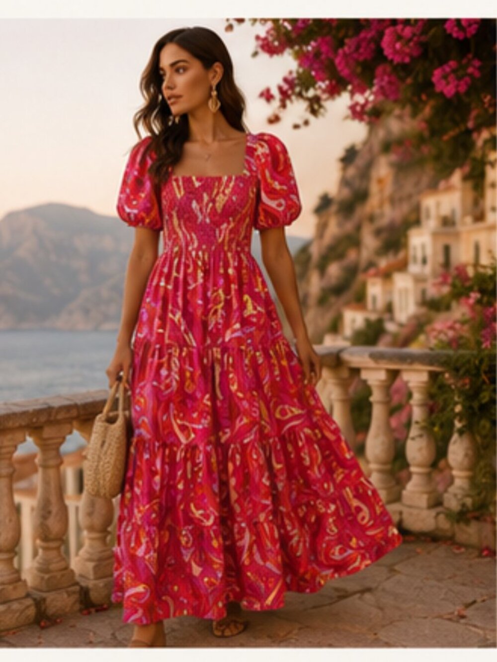 Mediterranean Swirl Cotton Resort Maxi Dress M | Farm Rio-Inspired - 1.STATE
